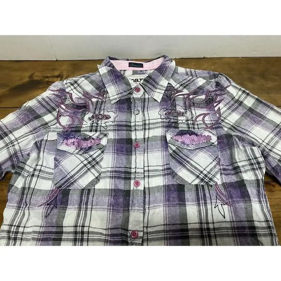 Roar Woman Western M Button Up Long Sleeve Blue Purple Embroidered Stretch Shirt - Picture 2 of 11